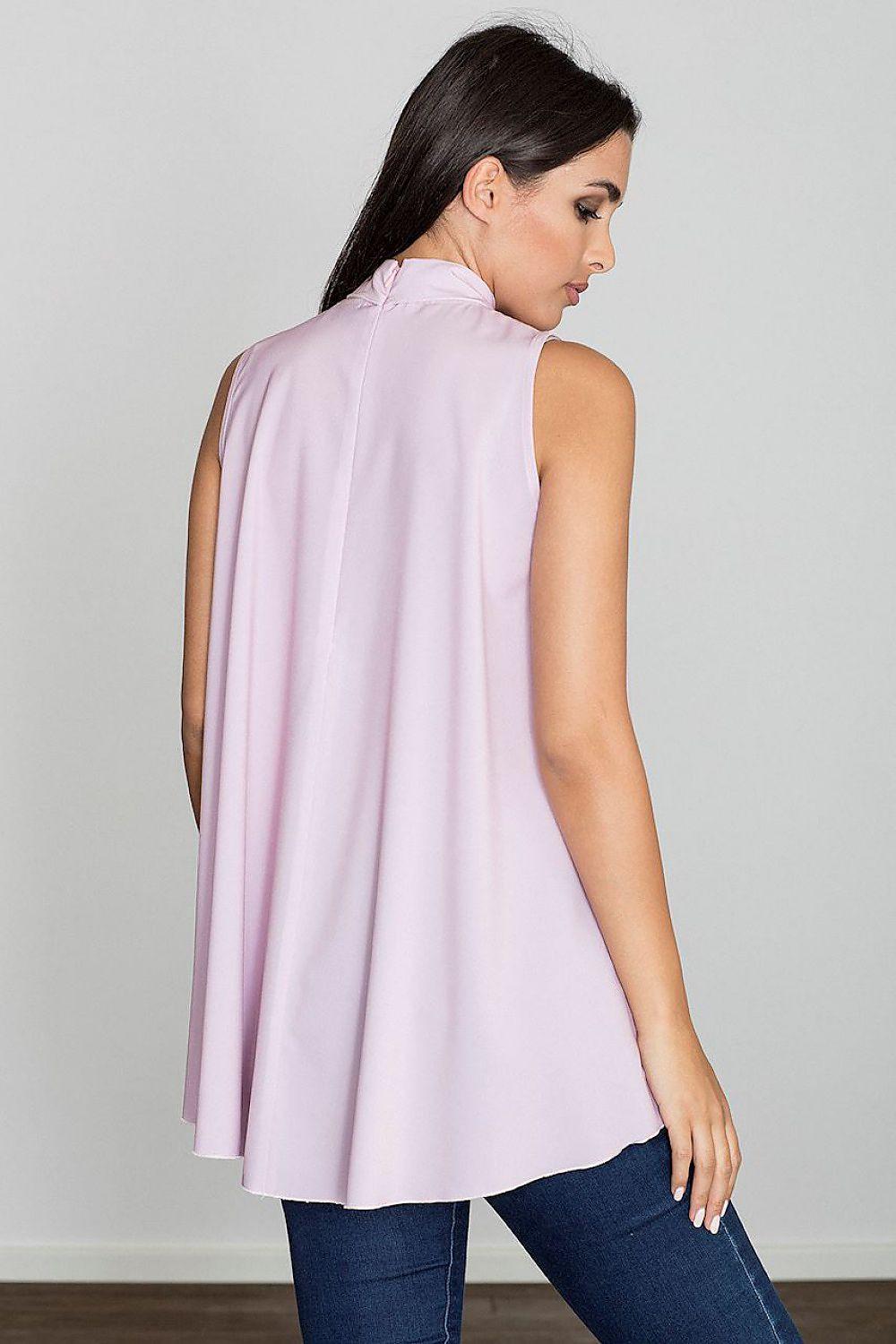 Sleeveless light pink blouse, back view with curved draped hem