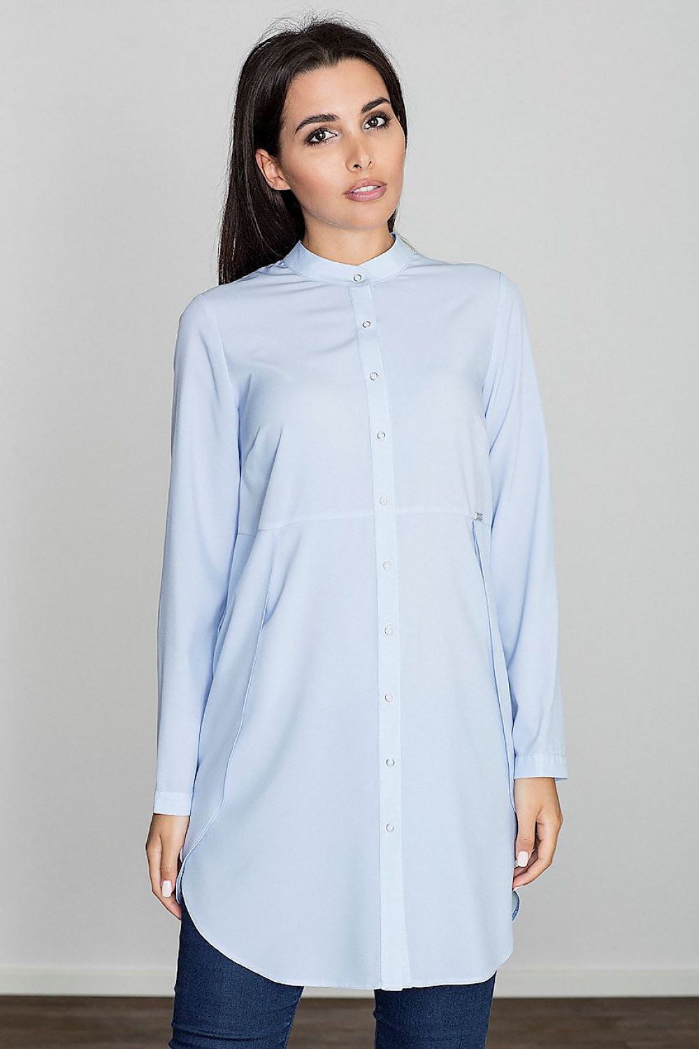 Light blue button-front tunic shirt with long sleeves and stand collar