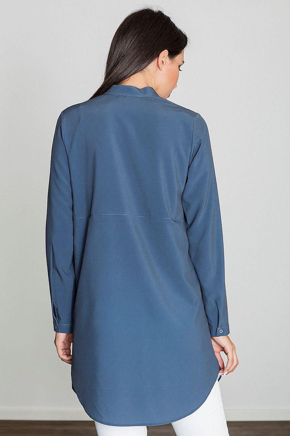 Blue tunic back view with long sleeves and buttoned placket