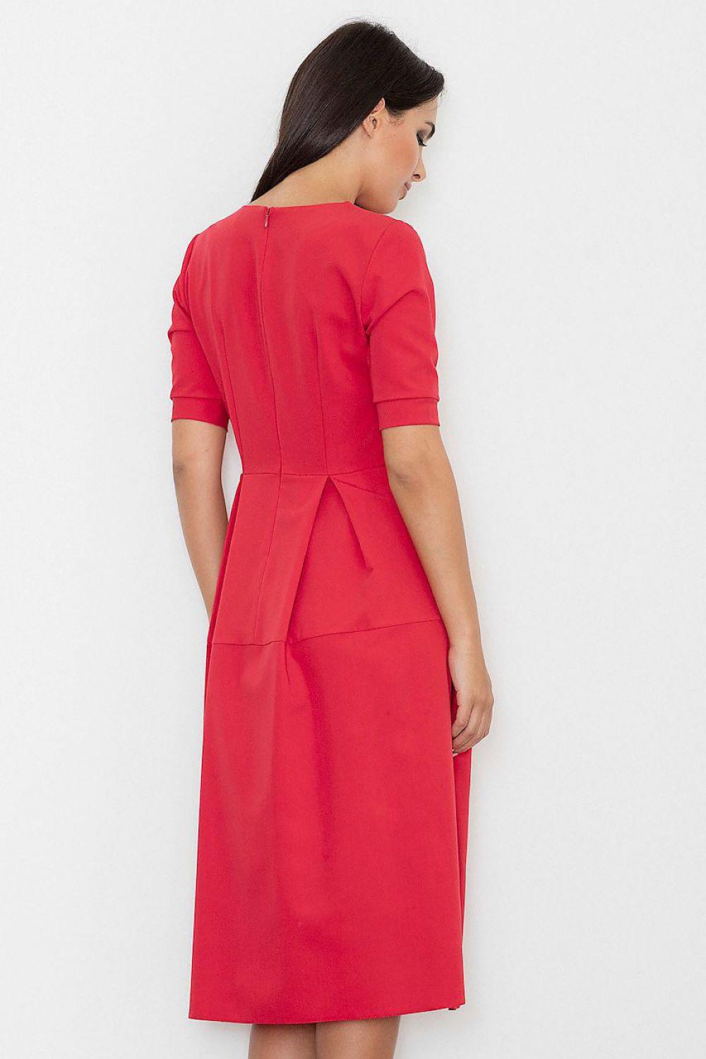 Red day dress with 3/4 sleeves, back waist shaping, knee-length