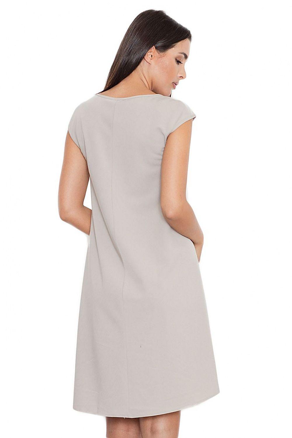 Figl evening dress 111510 beige back view, short sleeves, tapered asymmetric hem