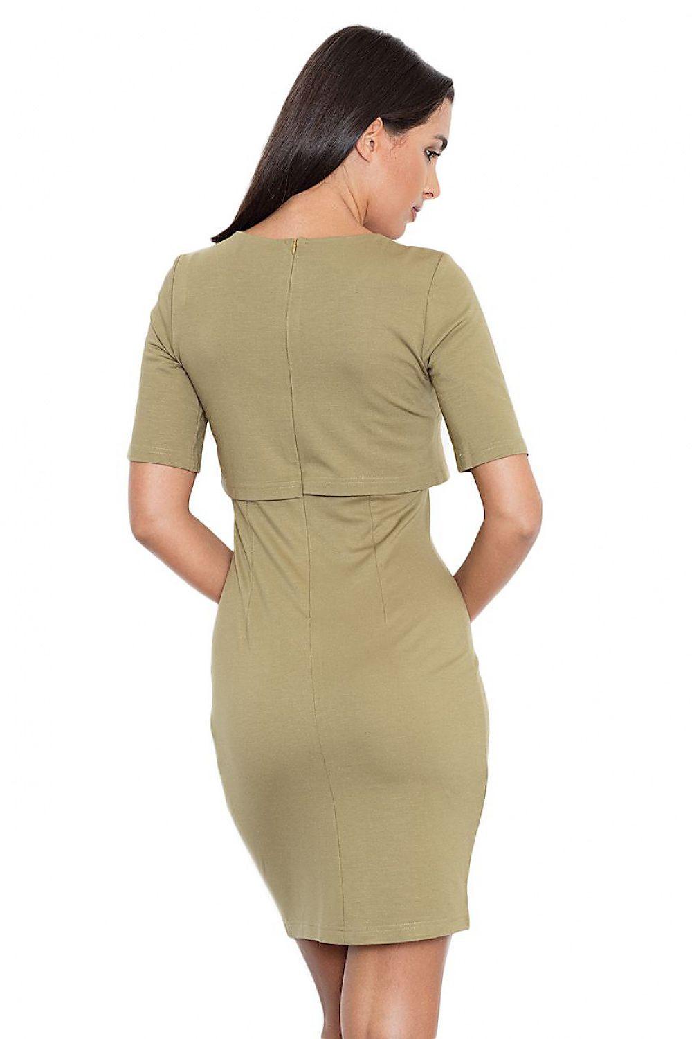 Green fitted daydress back view with short sleeves and waist seam detail