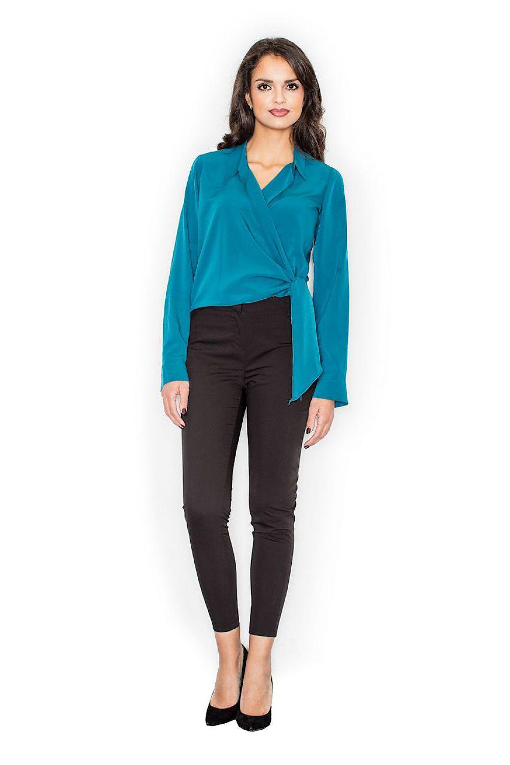 Teal wrap blouse with V-neck, long sleeves, tied waist detail