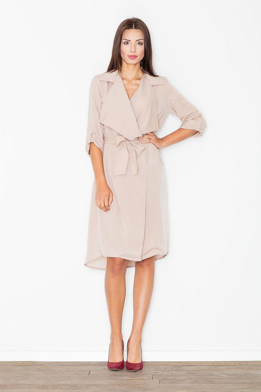 Taupe daydress with tie waist and wrap V-neck, 3/4 sleeves