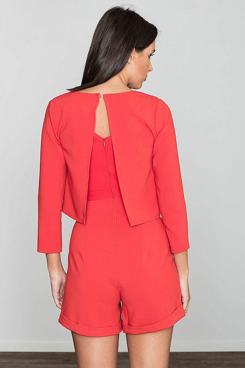 Red 2-piece suit set with back opening and cropped jacket, paired with tailored shorts