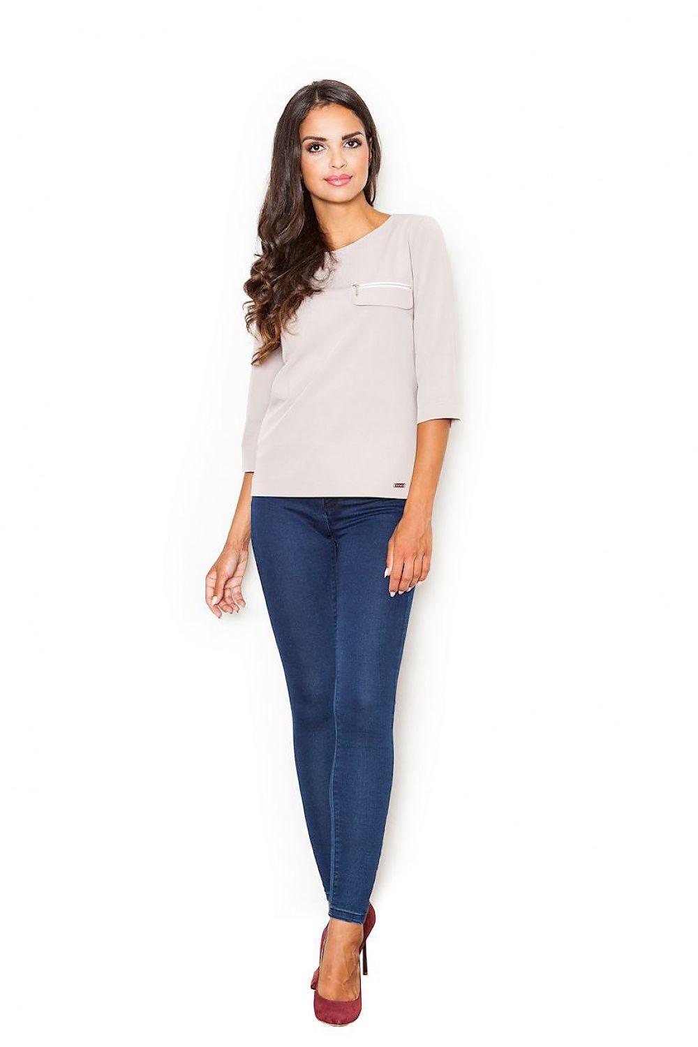 Beige blouse with chest pocket and seam detail, 3/4 sleeves
