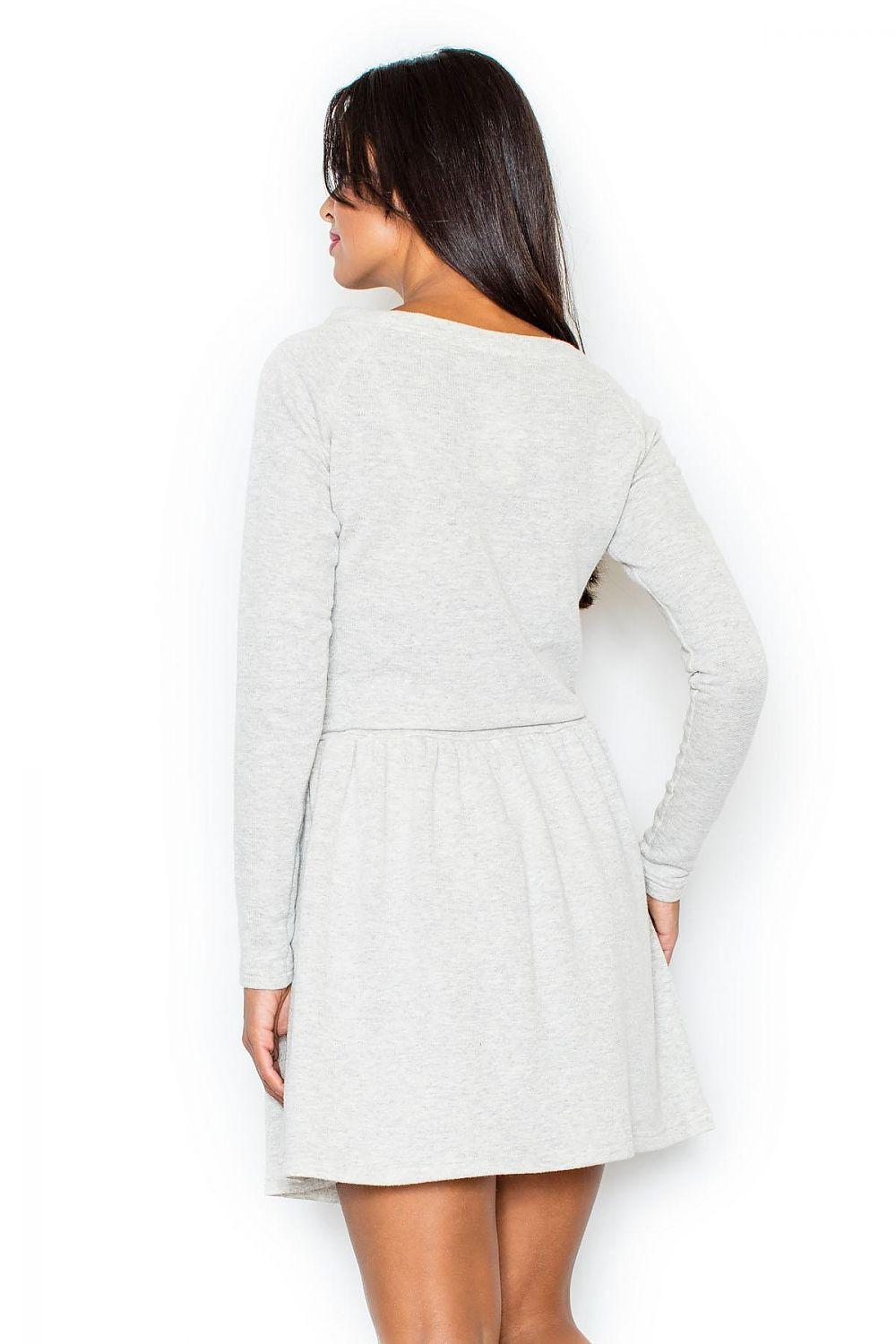 Light grey long-sleeve daydress, back view with gathered waist seam