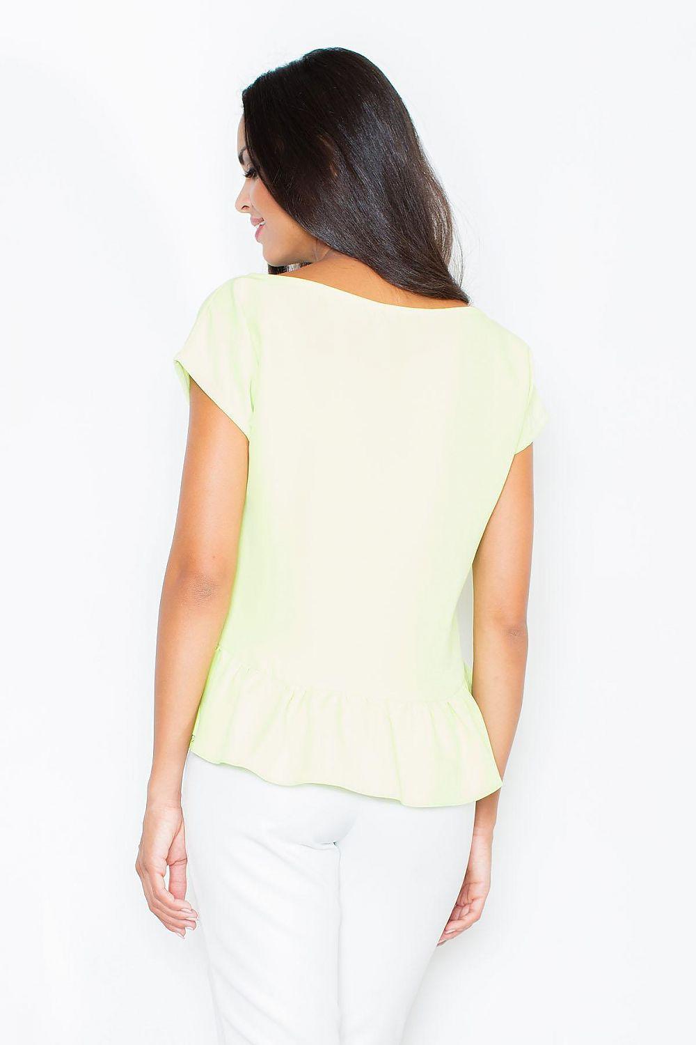 Green blouse back view with short sleeves and ruffled hem