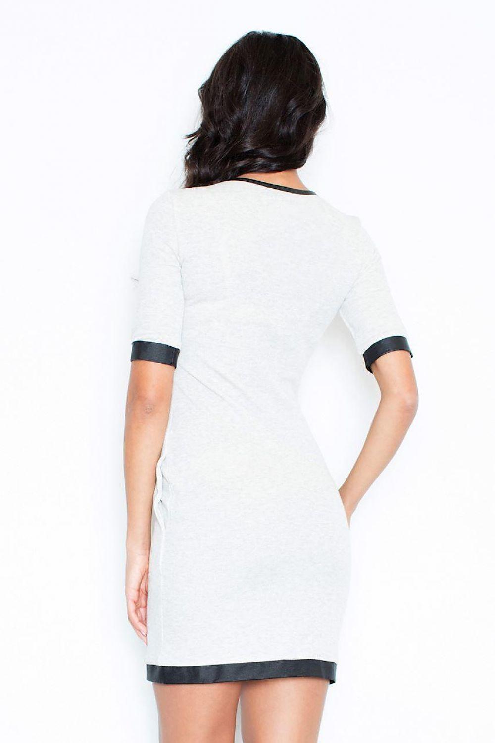 Grey day dress with round back view, short sleeves, dark hem and cuff trim