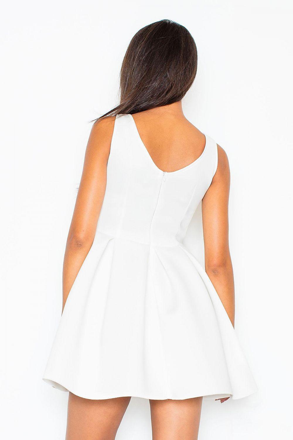 Figl white evening dress, open-back scoop, waist seam, flared skirt