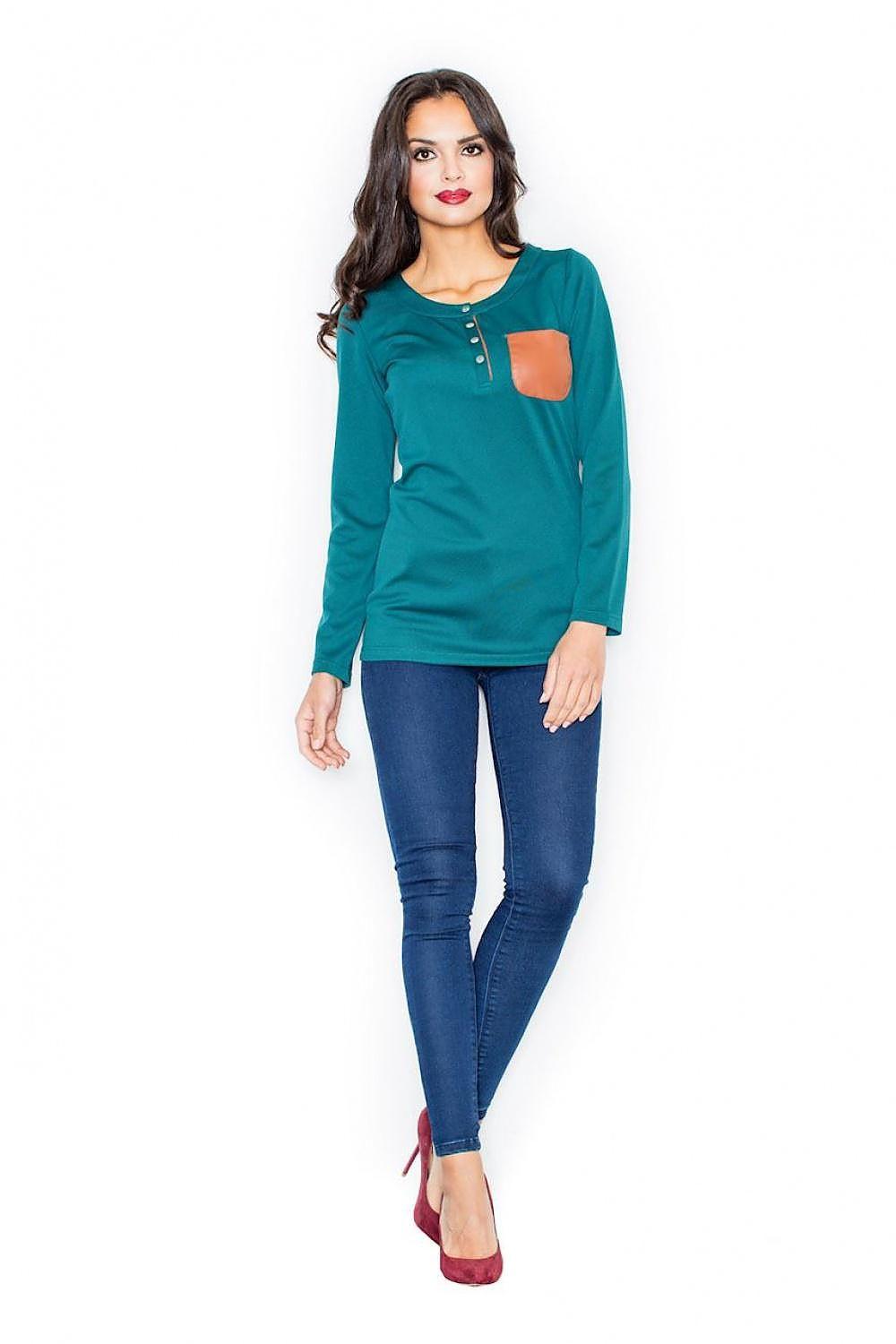 Teal Henley blouse with tan pocket and button placket, long sleeves