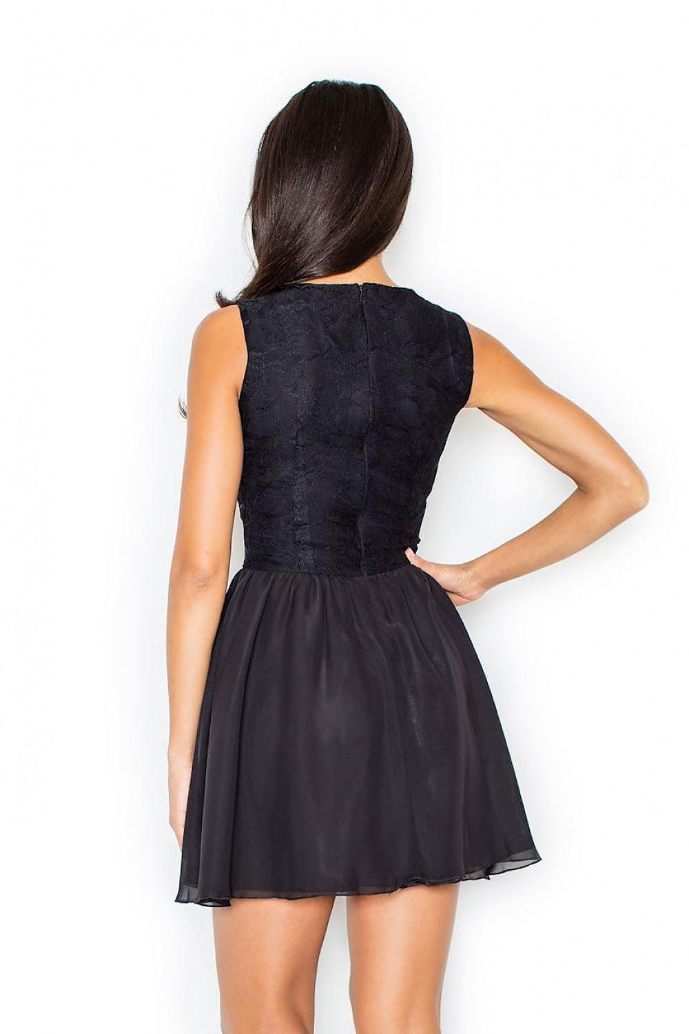 Black sleeveless short dress with gathered back and flared skirt, back view