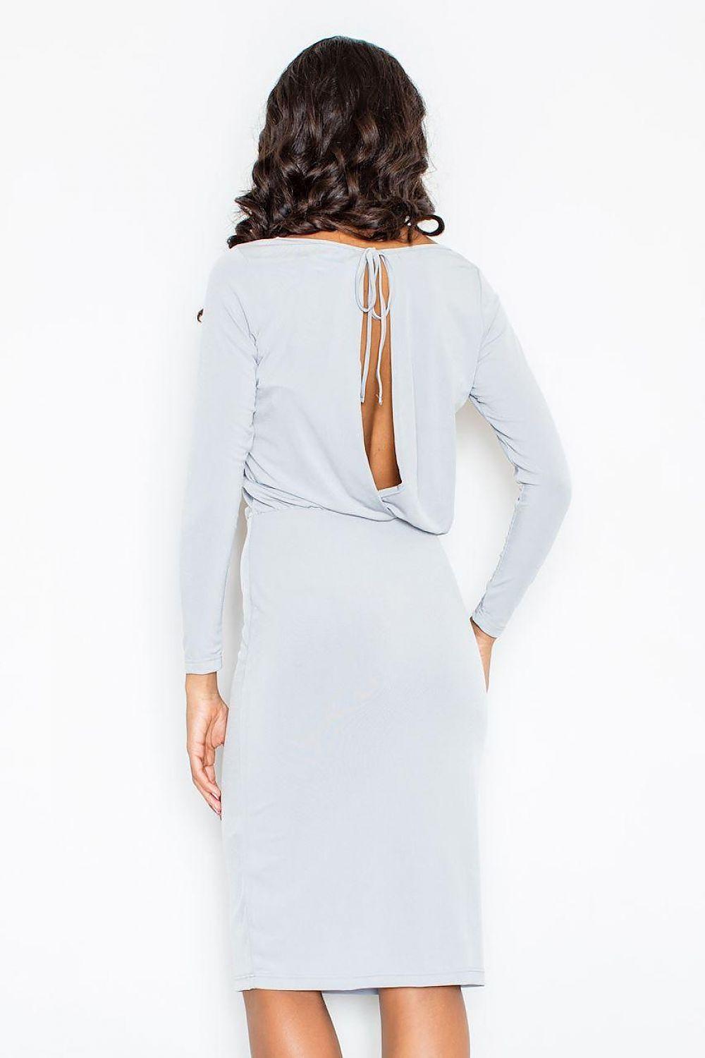 Grey daydress with open back and tie straps, 3/4 sleeves, knee length