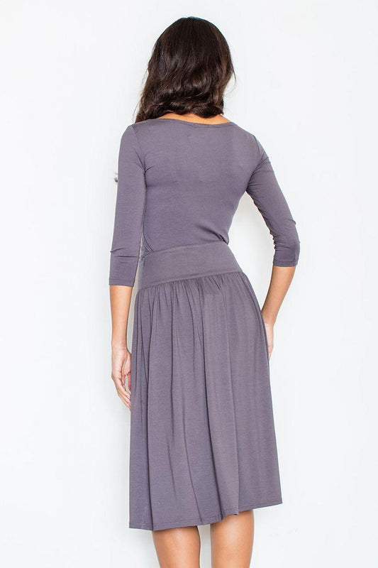 Figl grey long-sleeve midi dress back view with gathered pleated skirt