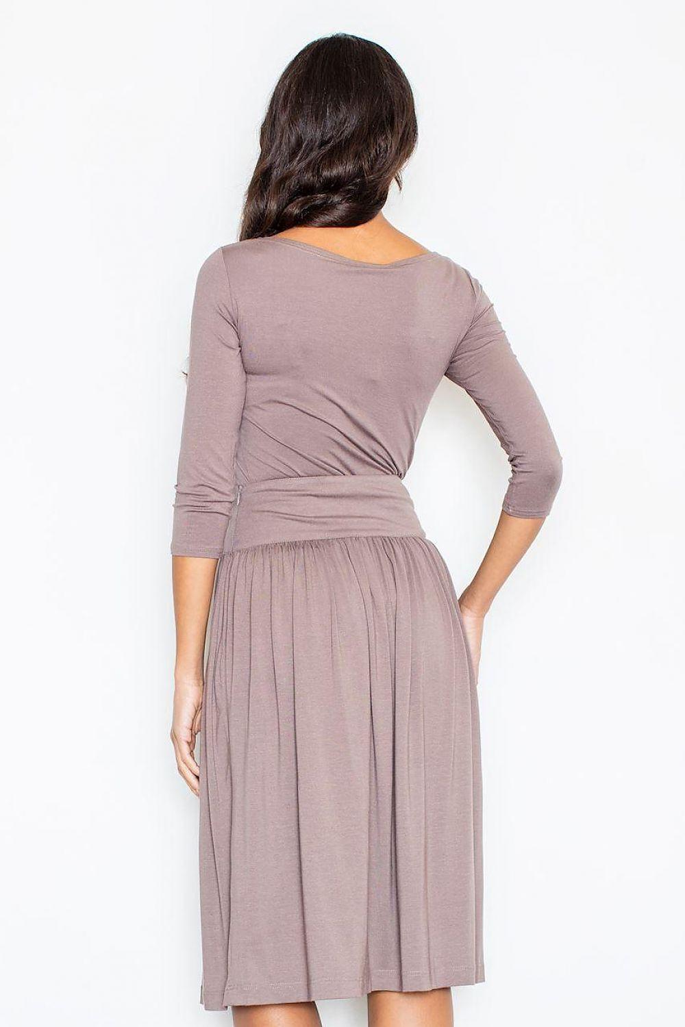 Figl brown long-sleeve midi dress back view with gathered pleated skirt