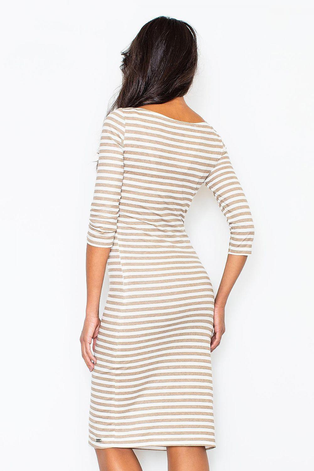 Figl daydress back view with horizontal striped pattern, 3/4 sleeves, midi hem