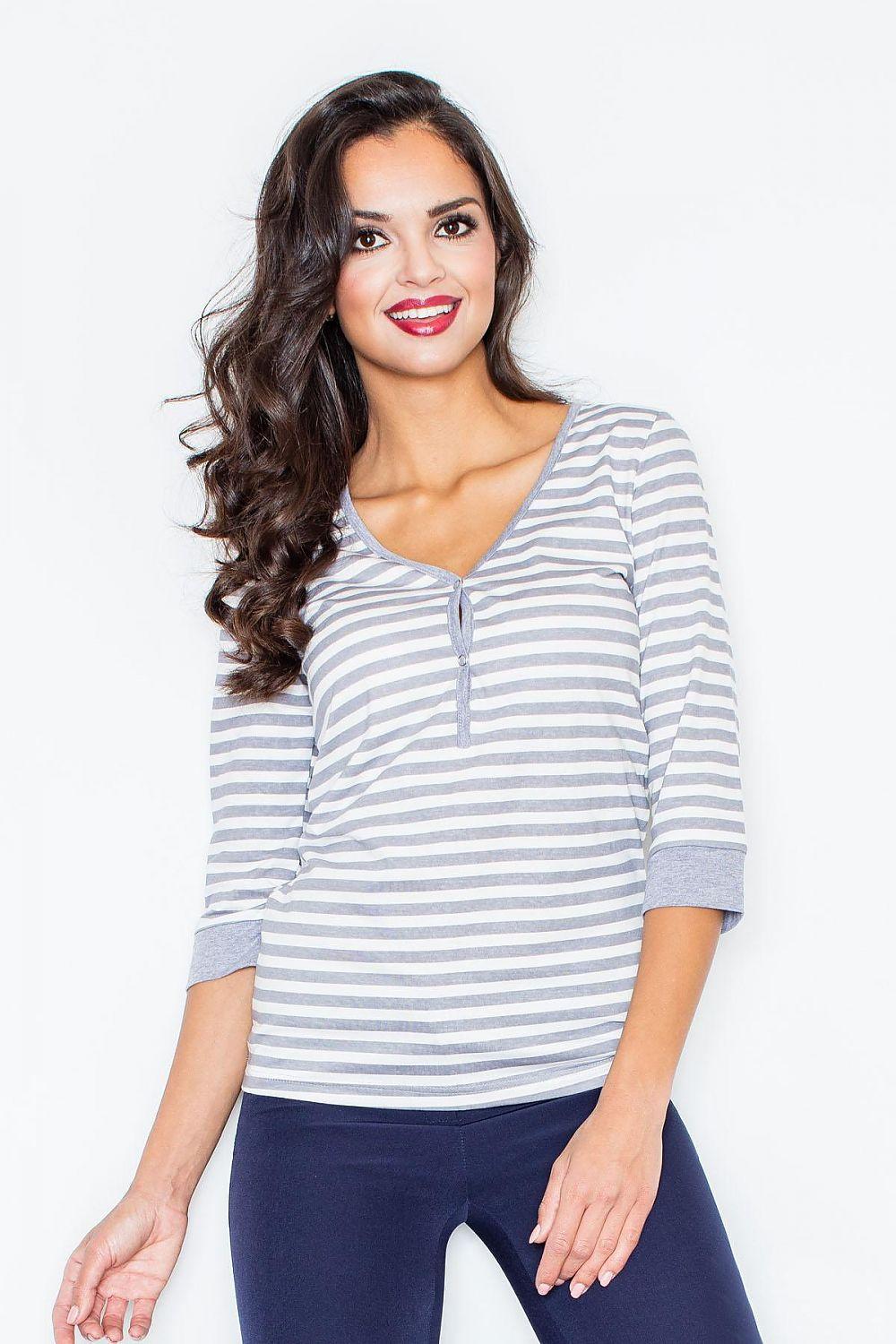 Striped cotton-blend blouse with V-neck and button placket, 3/4 sleeves