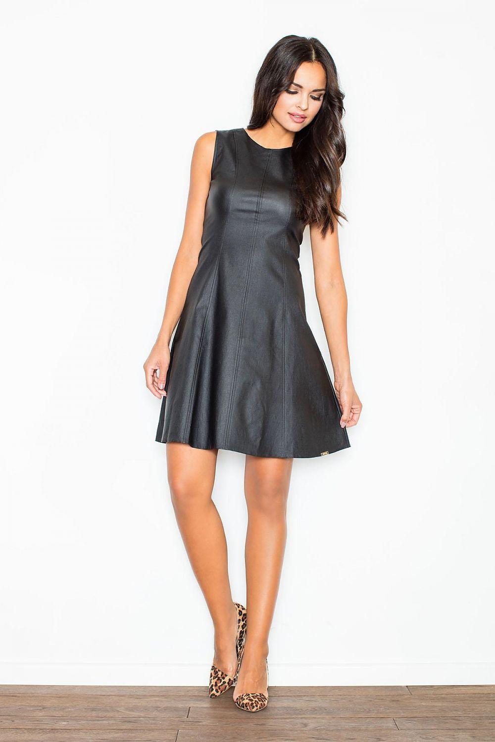 Sleeveless evening dress, black, fitted waist to flared A-line skirt
