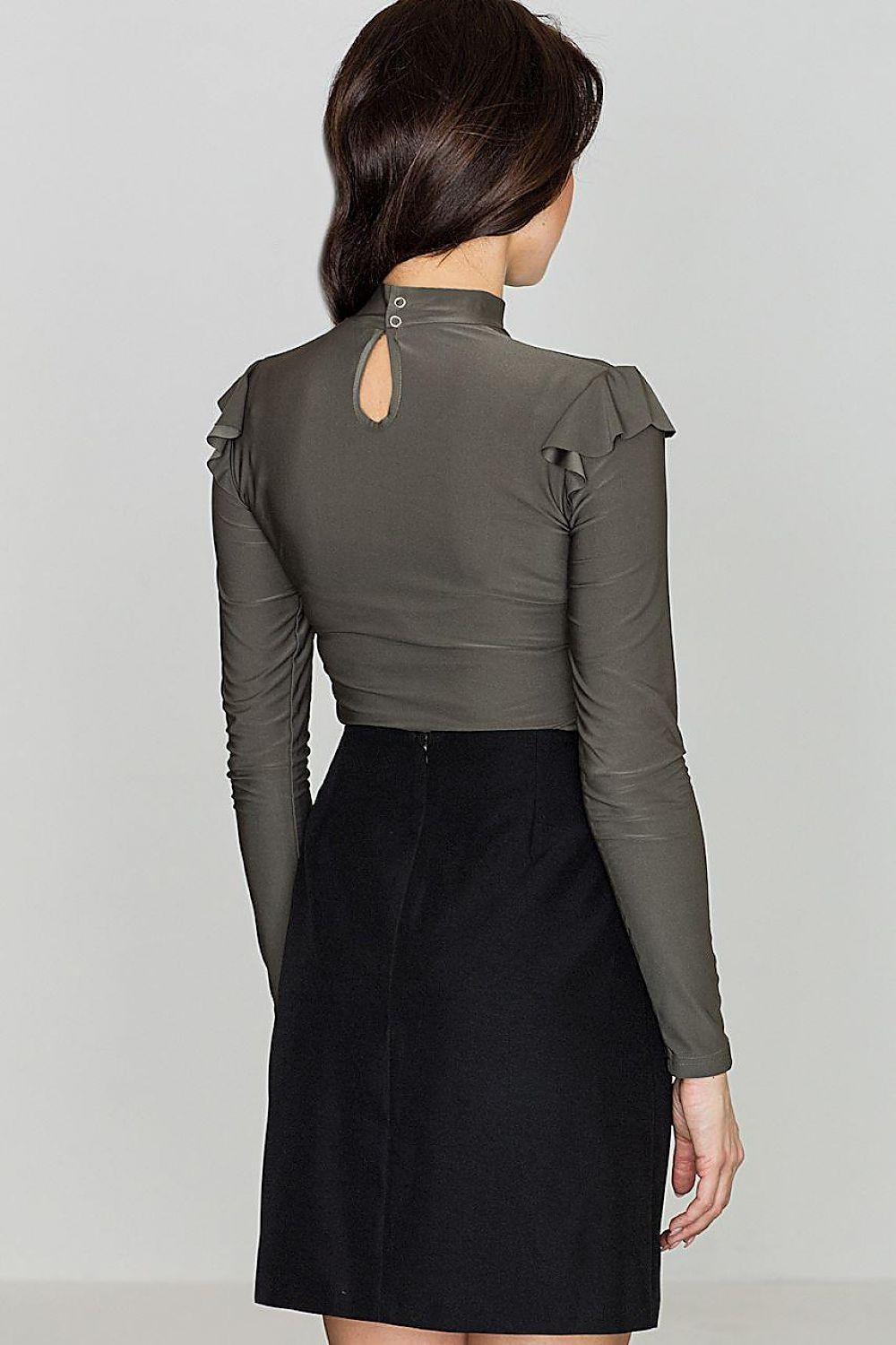 Katrus Model 111806 blouse, dark gray back, keyhole cutout and ruffled shoulders