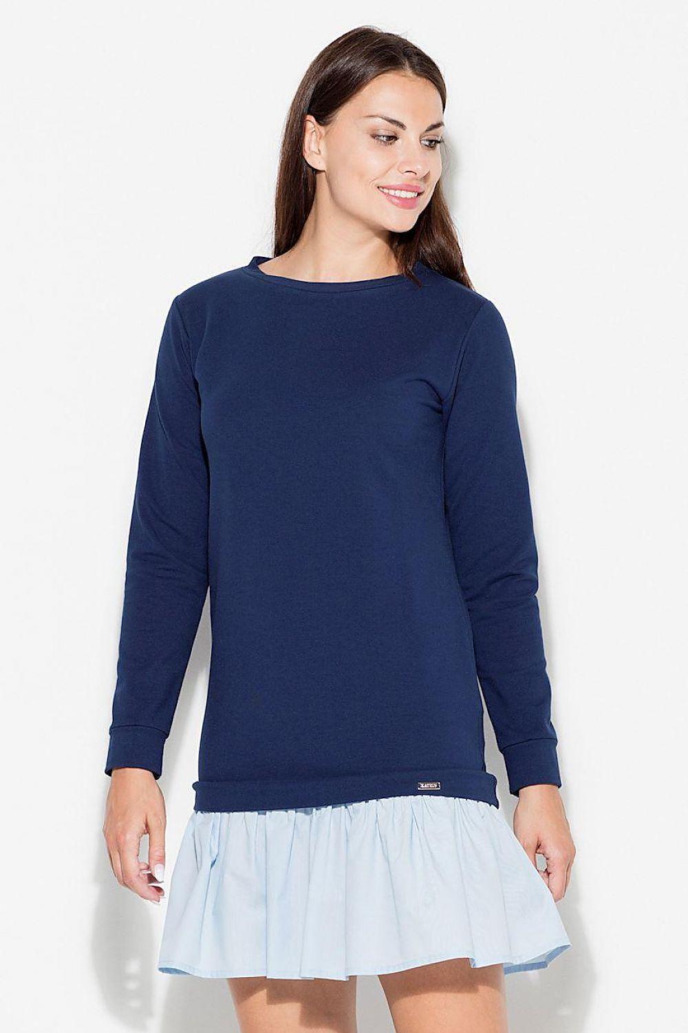 Navy long-sleeve daydress with light blue tiered ruffle hem