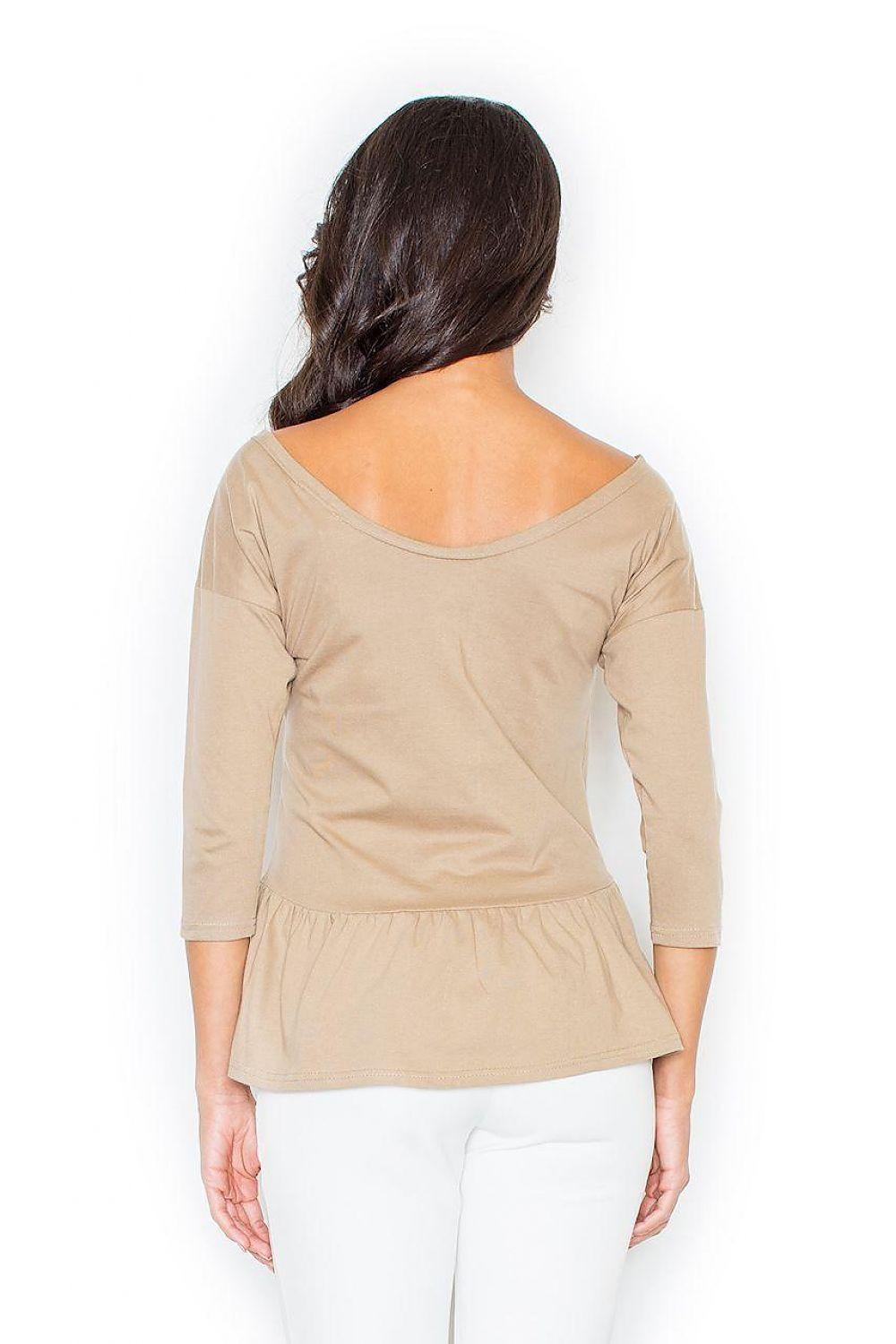 Beige peplum blouse back view with 3/4 sleeves, rounded neckline, gathered peplum