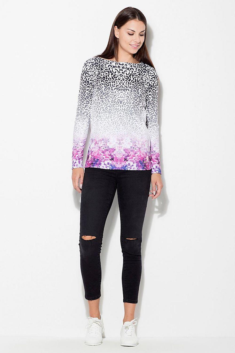 Long-sleeve animal-print blouse with purple floral gradient hem