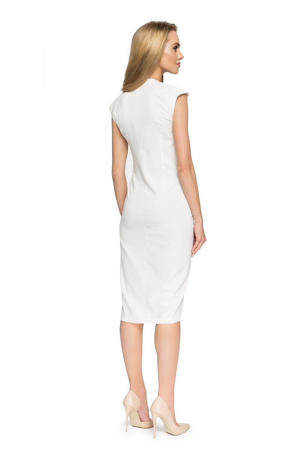 White sleeveless cocktail dress with V-neck, side/back profile, knee-length