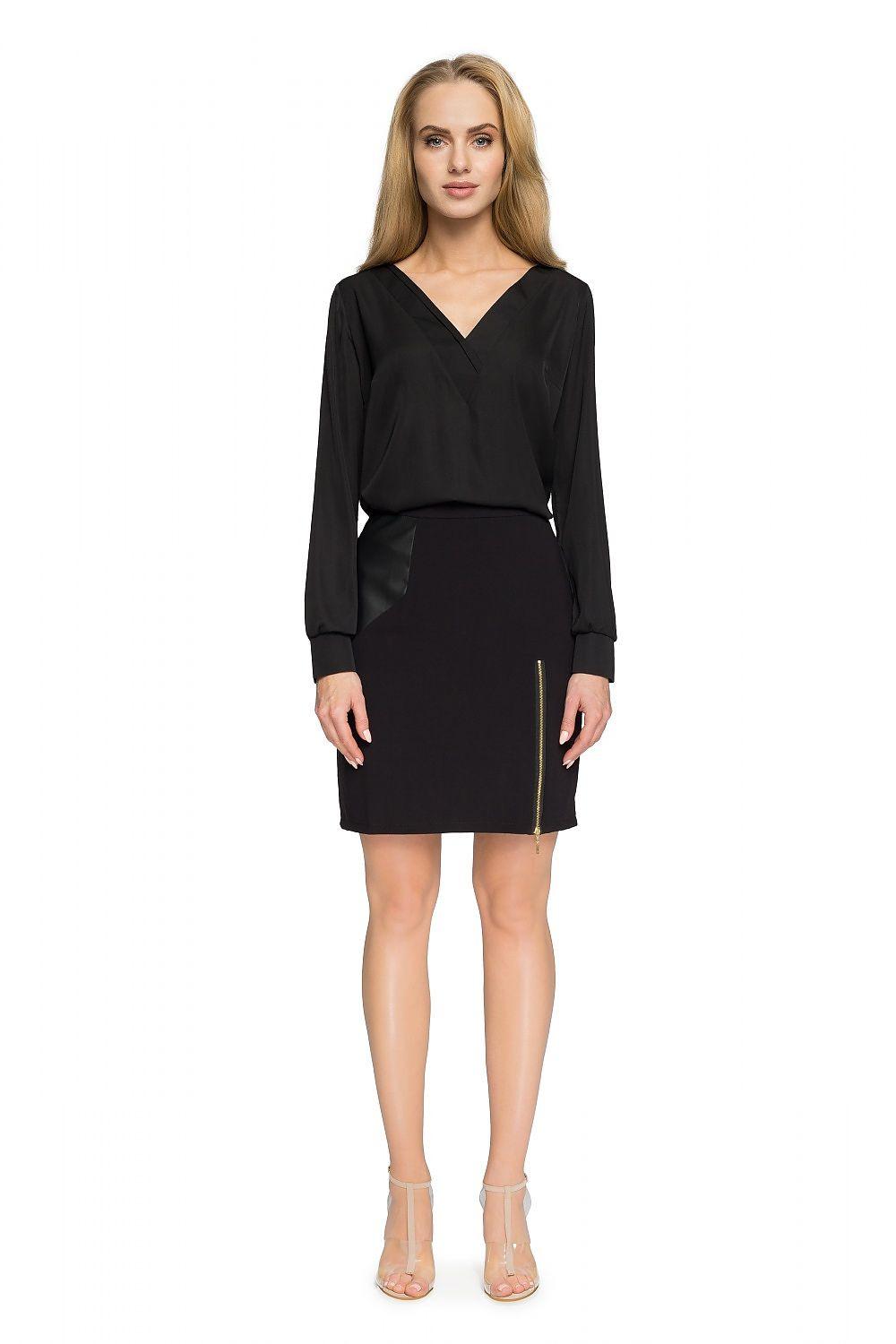 Black V-neck blouse with long sleeves, relaxed fit