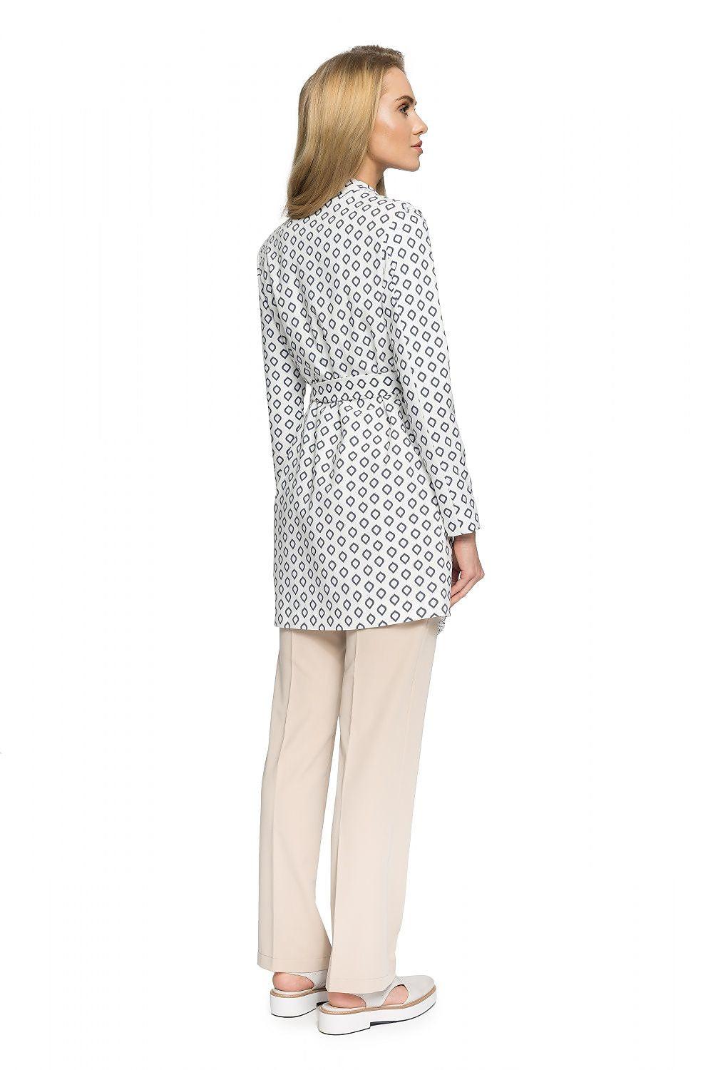 Printed belted coat with tie waist, long sleeves, geometric pattern; side/back view