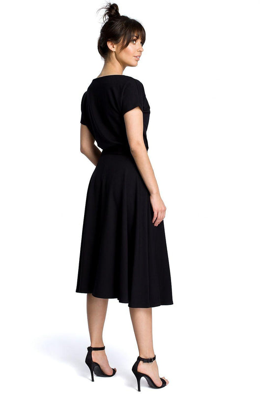 BeWear midi day dress in black, short sleeves and gathered waist with tie, side/back view