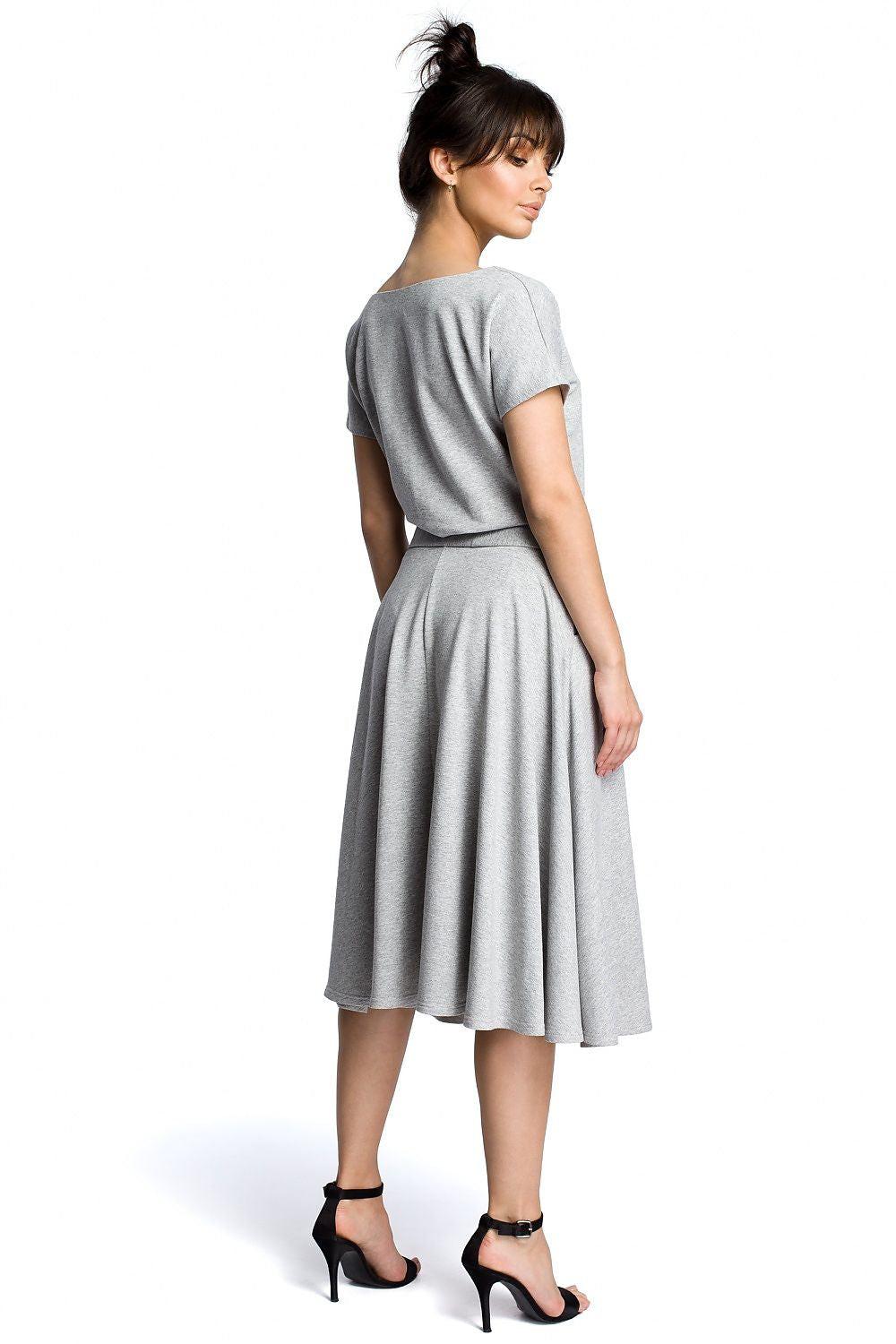 Grey daydress with short sleeves and waist tie, gathered midi skirt, back view