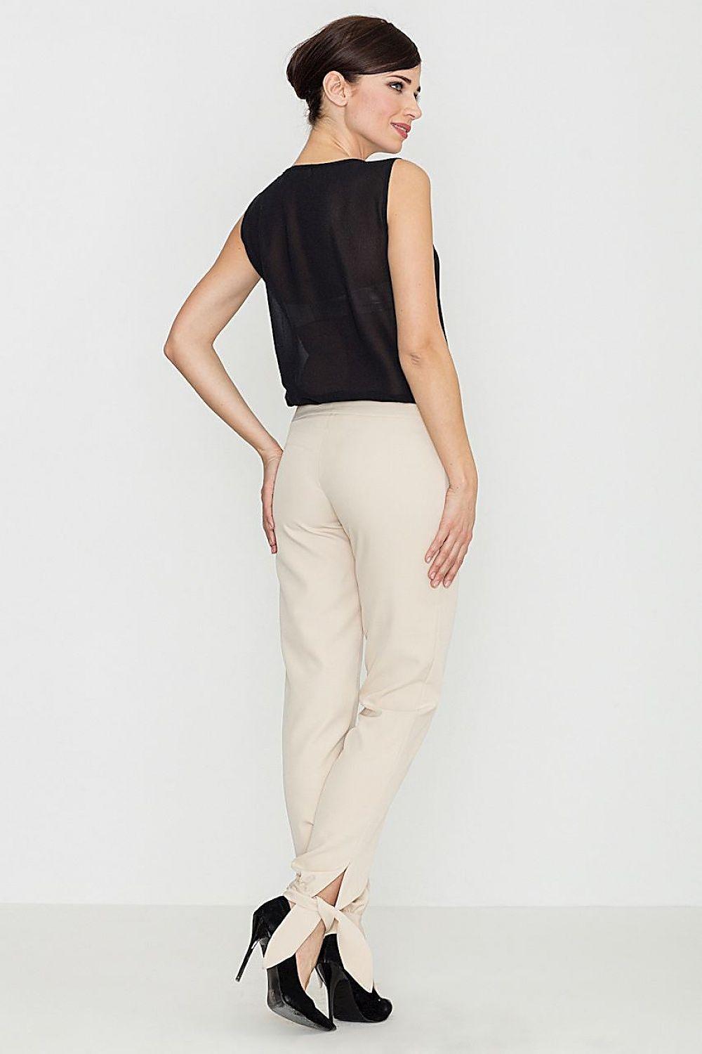 Beige straight-leg trousers with bow detail at hem, back view