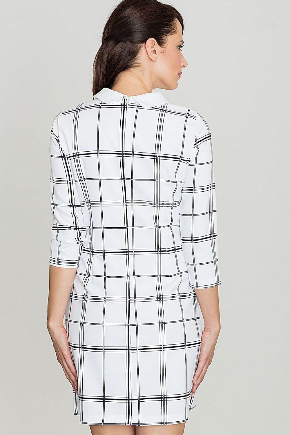 White grid-pattern daydress with dark checks, 3/4 sleeves, back view