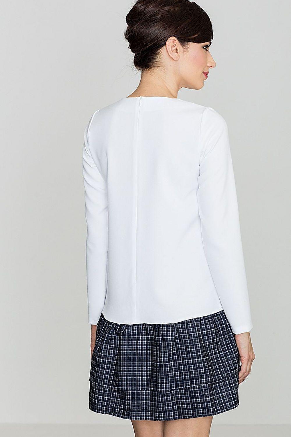 Lenitif daydress: white long-sleeve back with blue plaid skirt, side view