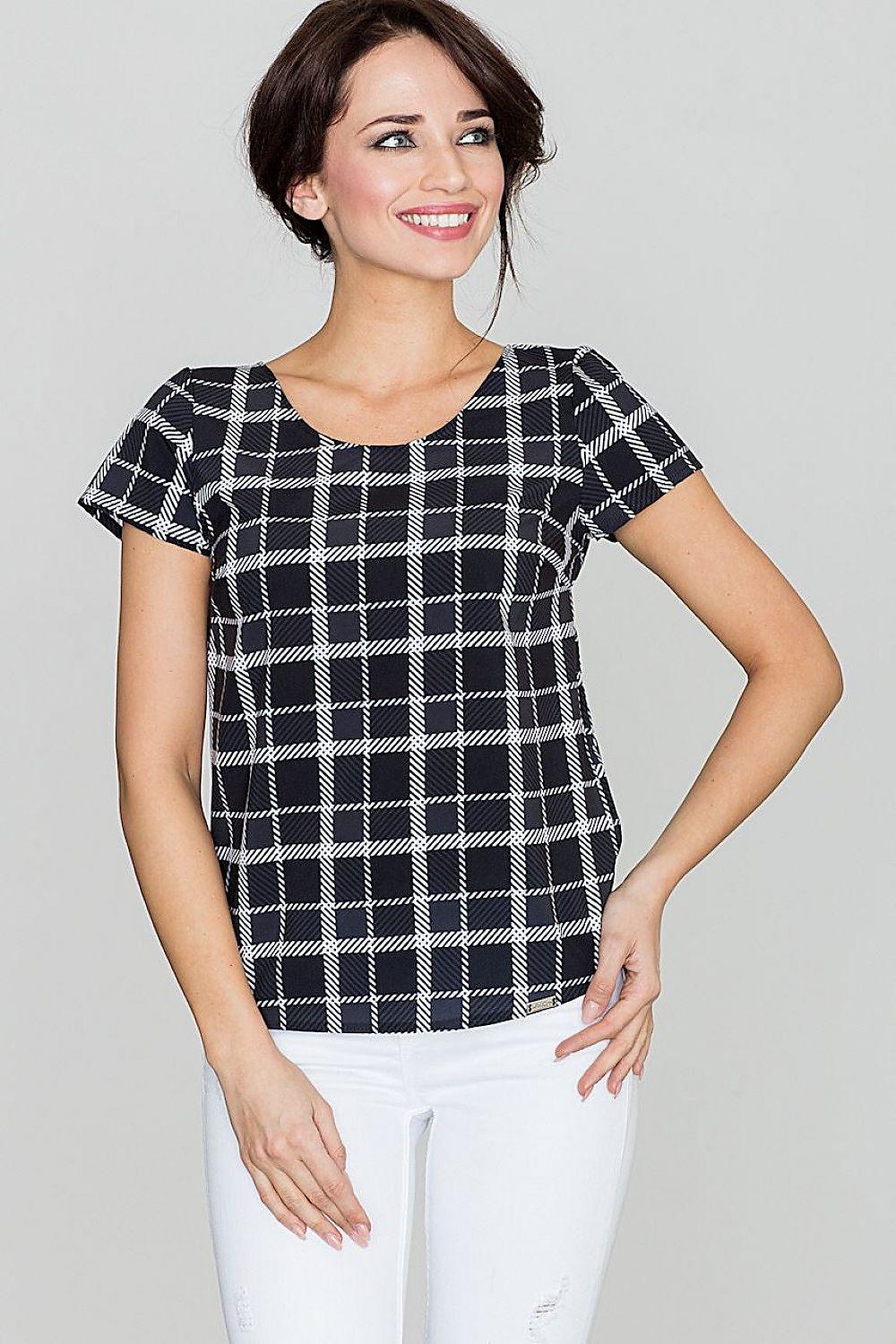 Black and white checkered blouse with short sleeves and round neckline