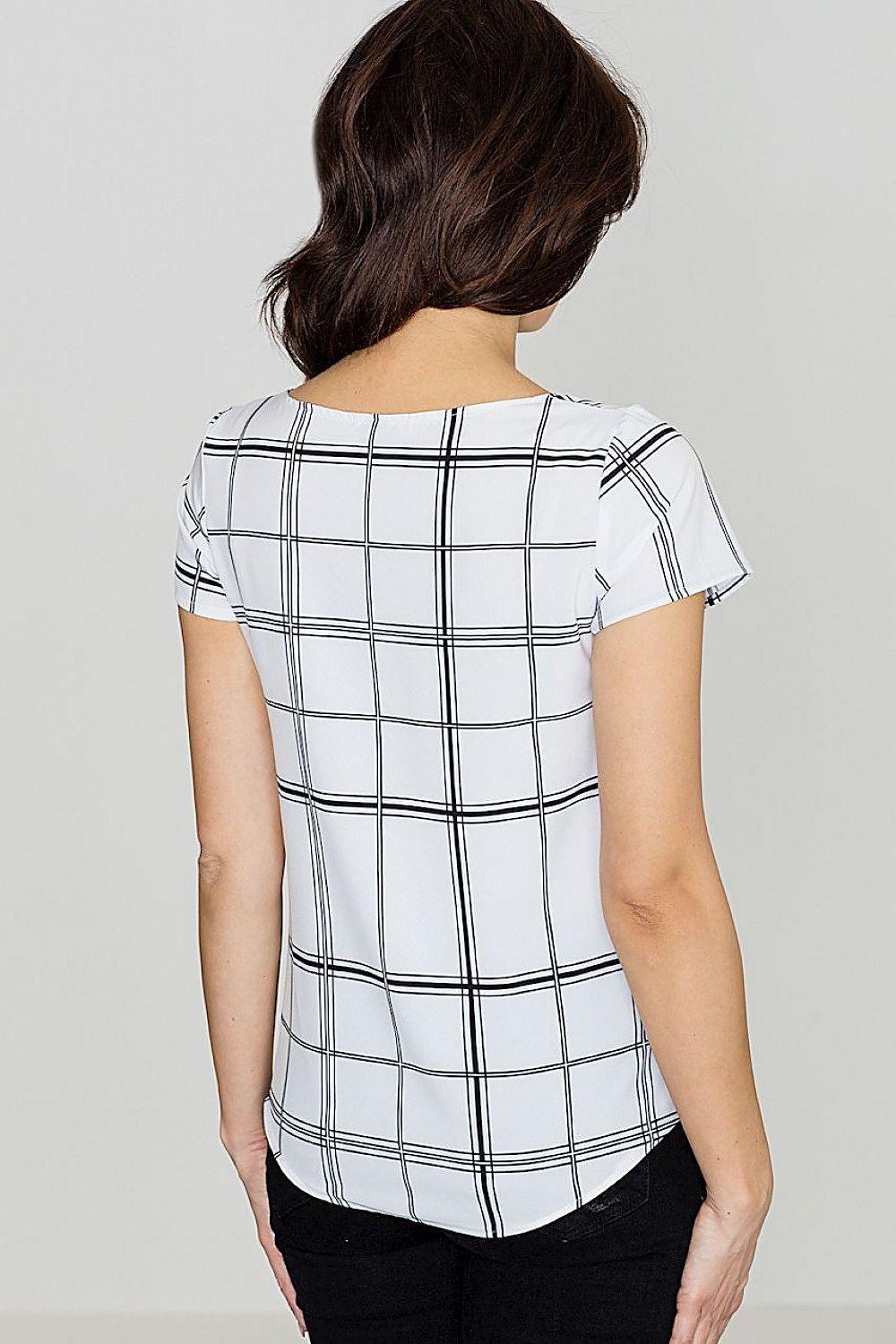 Lenitif blouse in white with gray check plaid, short sleeves, back view