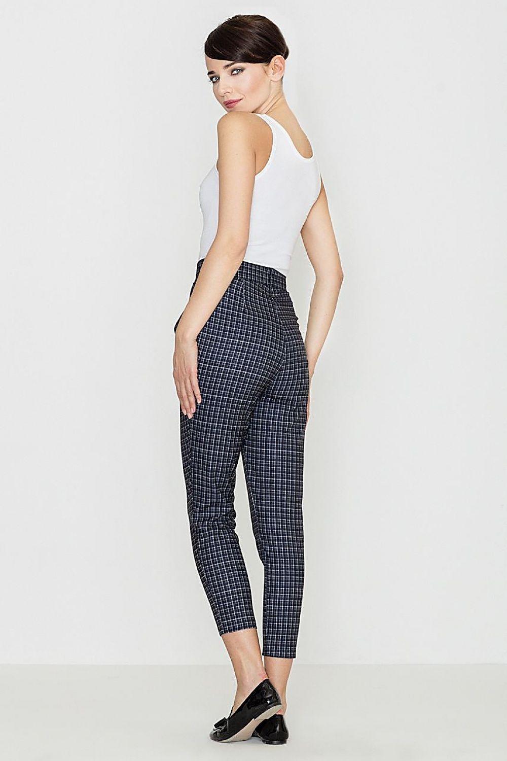 Dark check high-waist trousers, ankle length, straight leg, button closure