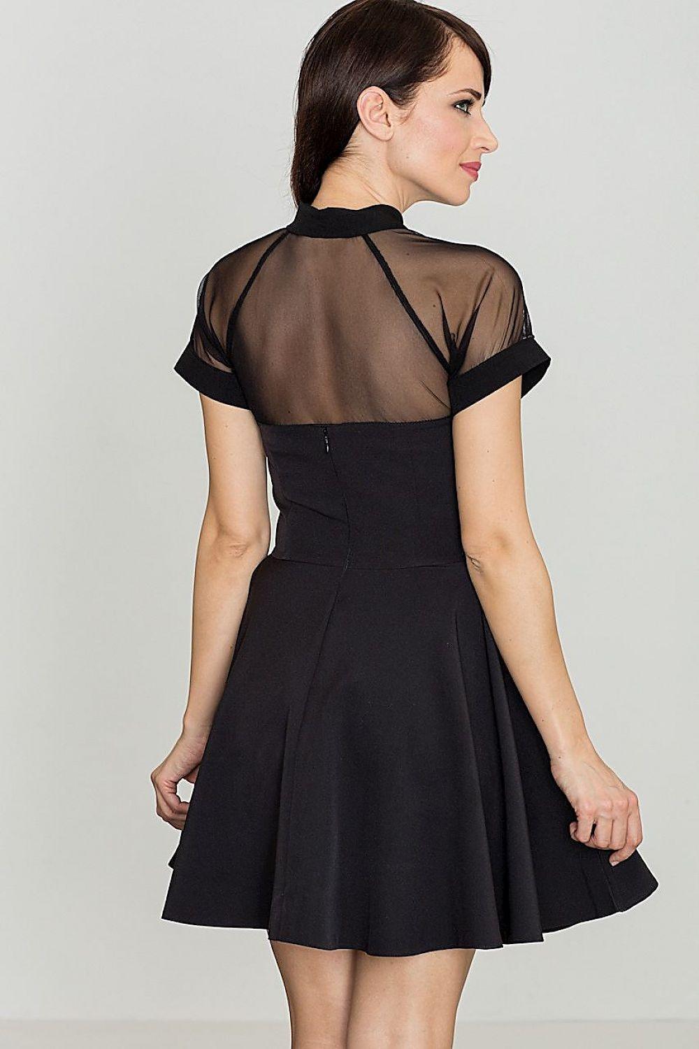 Lenitif black short dress, back view, sheer upper back panel and short mesh sleeves