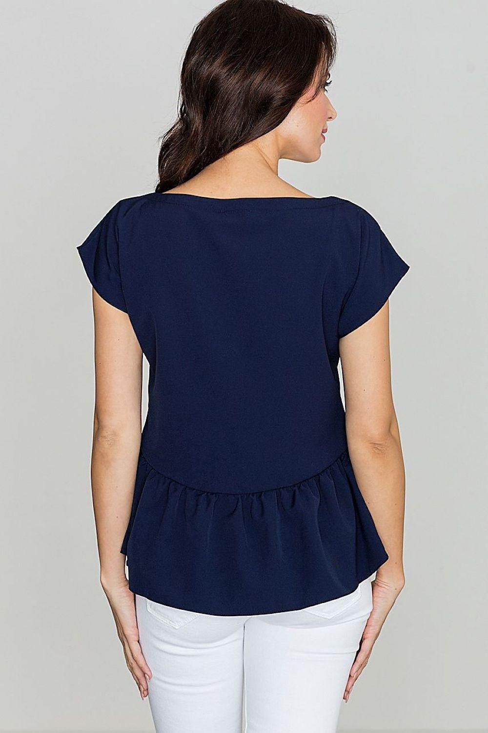 Navy short-sleeve blouse with gathered peplum hem and back fullness