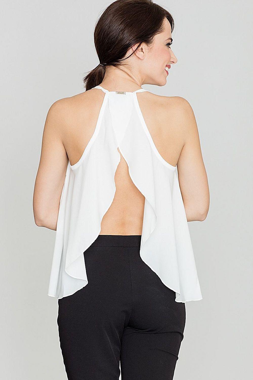 Lenitif blouse model 114310 in white, open back with draped shoulder panels