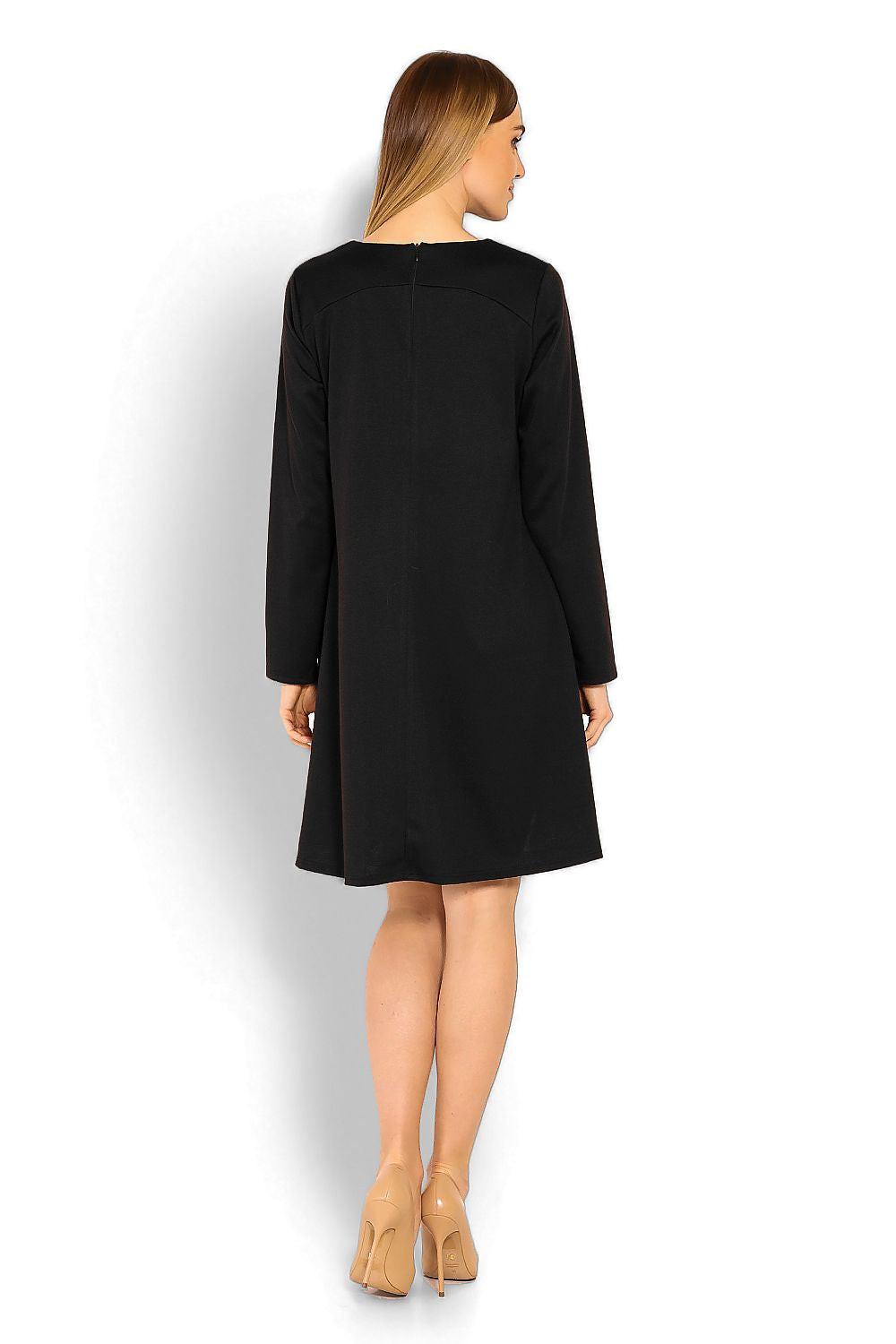 Black long-sleeve daydress from back with round neckline and A-line skirt
