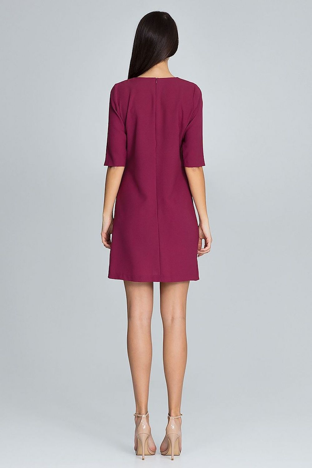 Burgundy cocktail dress back view with 3/4 sleeves and above-knee straight hem
