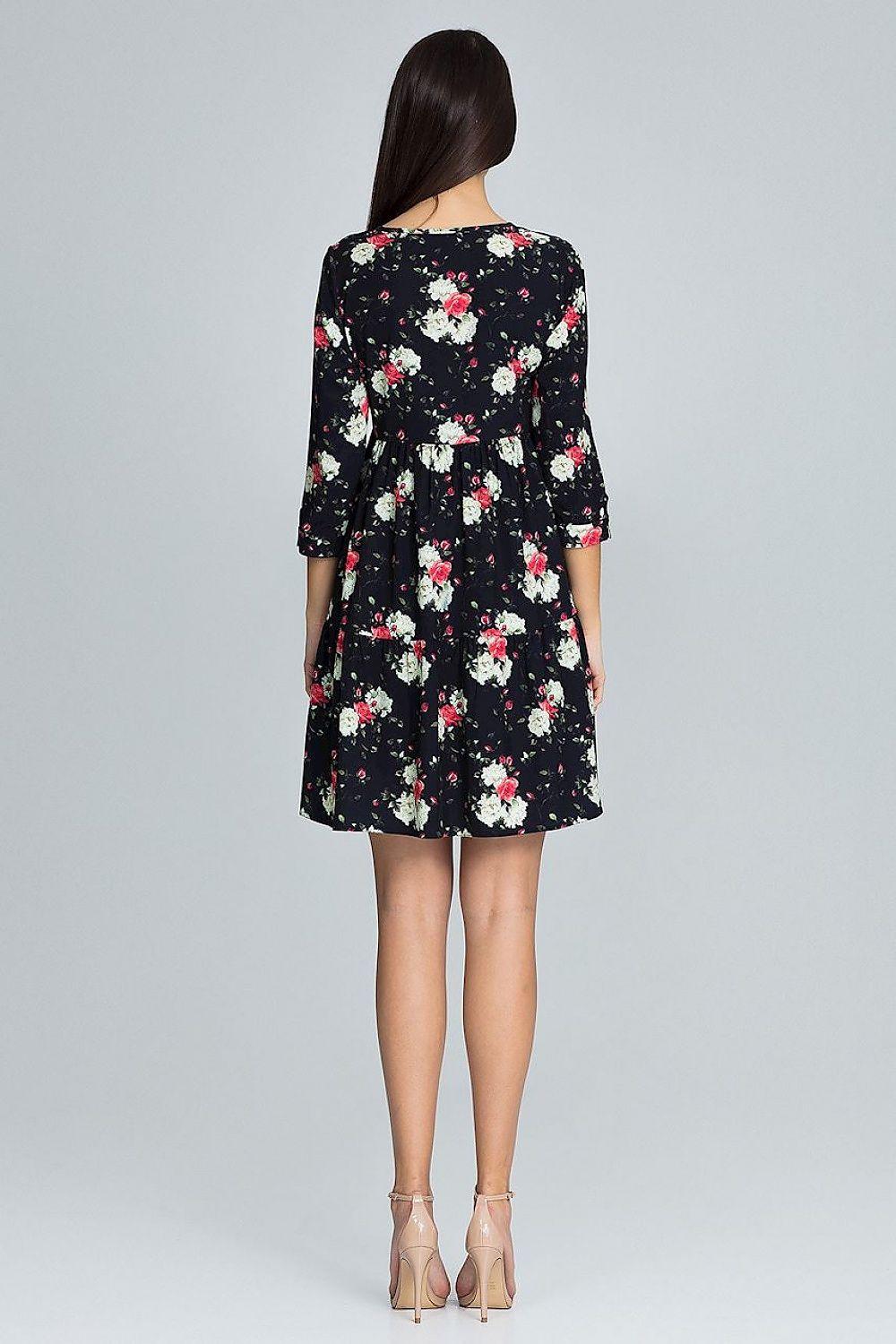 Figl daydress back in black with colorful floral print, 3/4 sleeves, above-knee hem