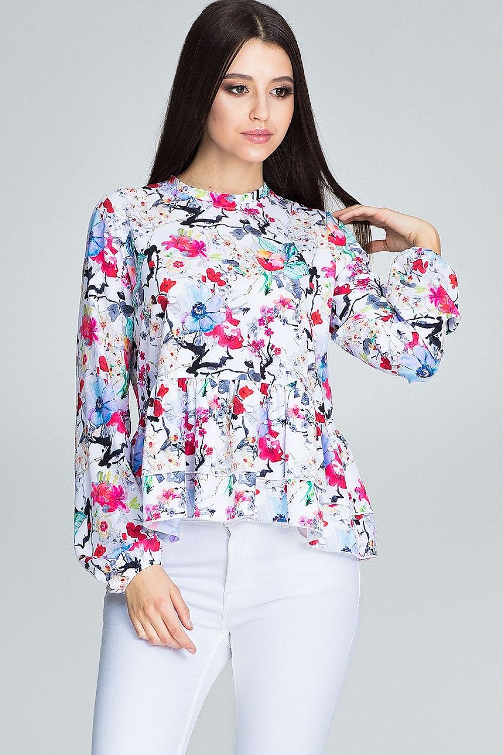 Floral long-sleeve blouse with frilled waist, multicolor flowers on light background
