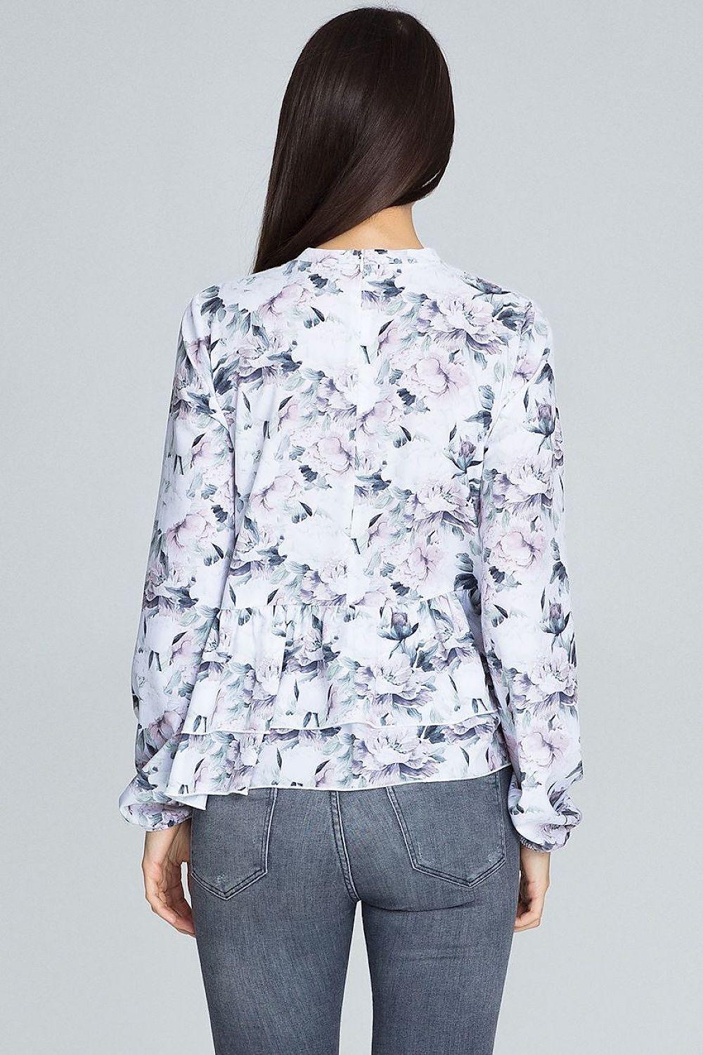Floral blouse, long-sleeve, round neckline, light blue and white, back view