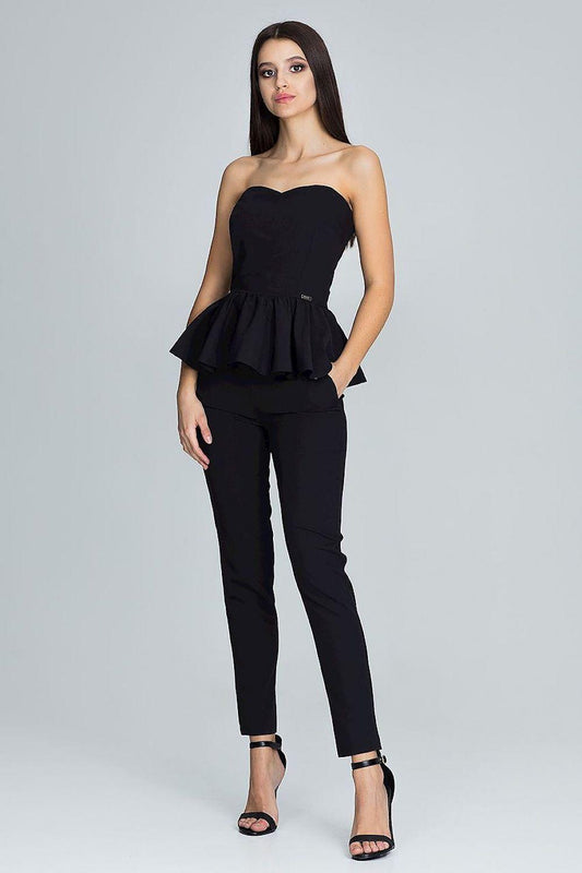 Black strapless peplum top and tapered ankle pants set, ruffled waist