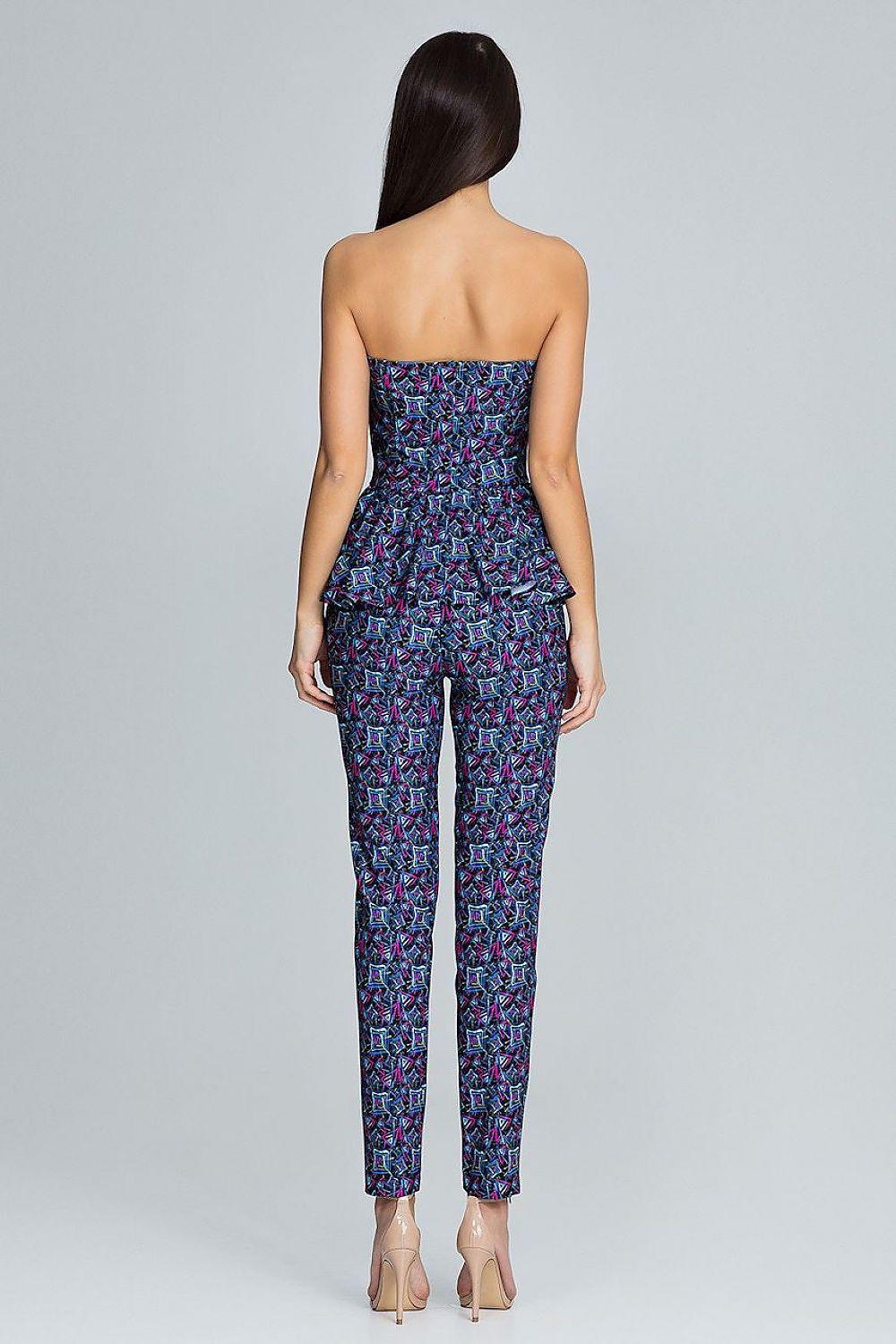 Multicolor strapless peplum top and slim tapered pants set from back