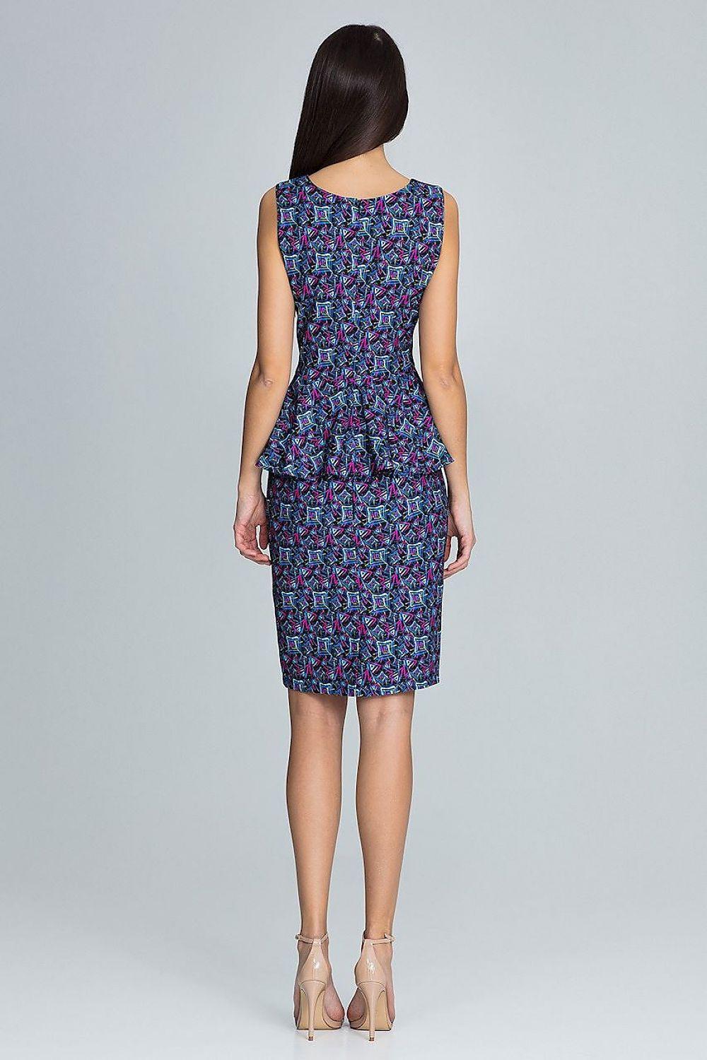 Multicolor sleeveless peplum sheath dress, back view, knee-length hem