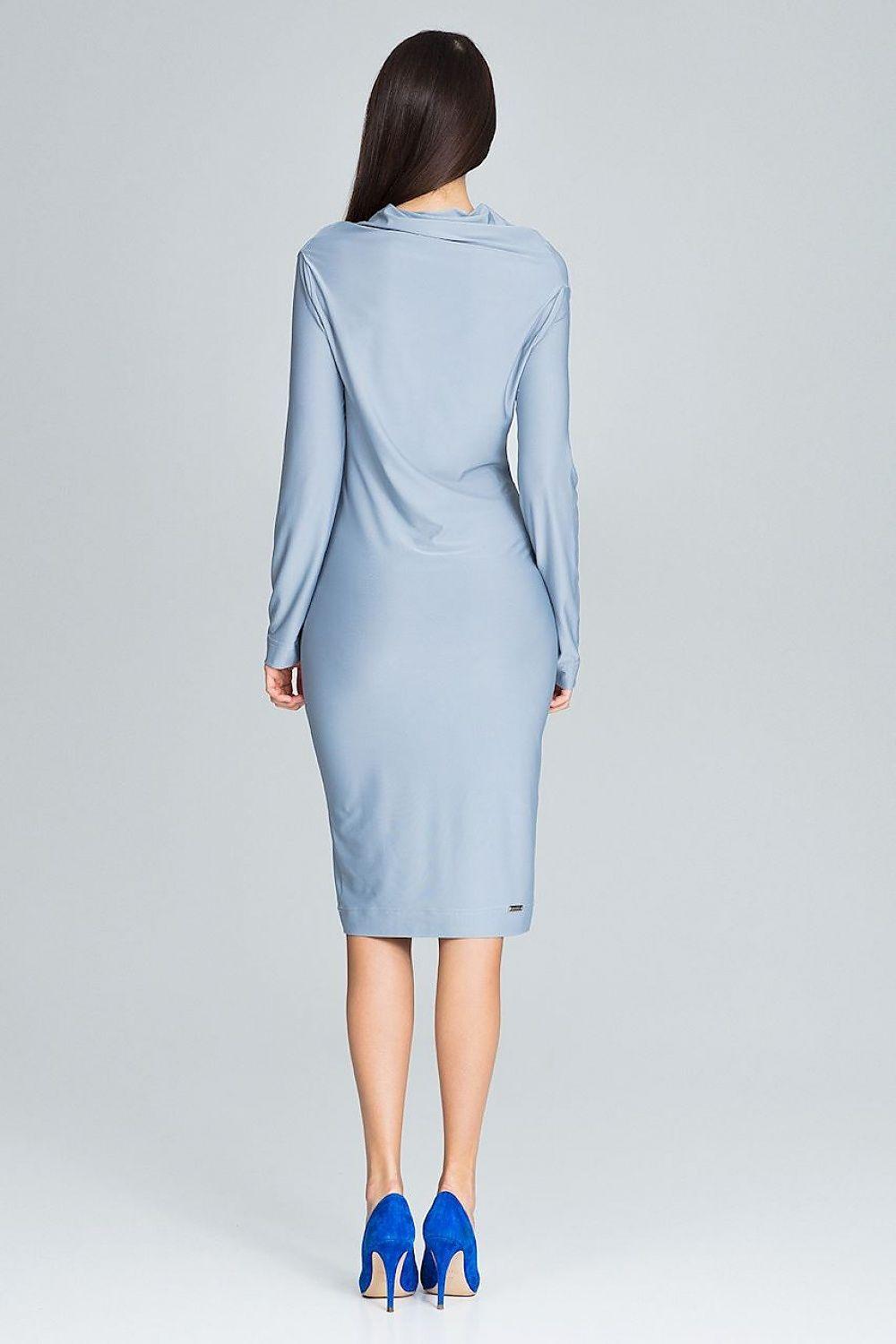 Blue daydress back view with long sleeves and cowl neckline, knee-length.