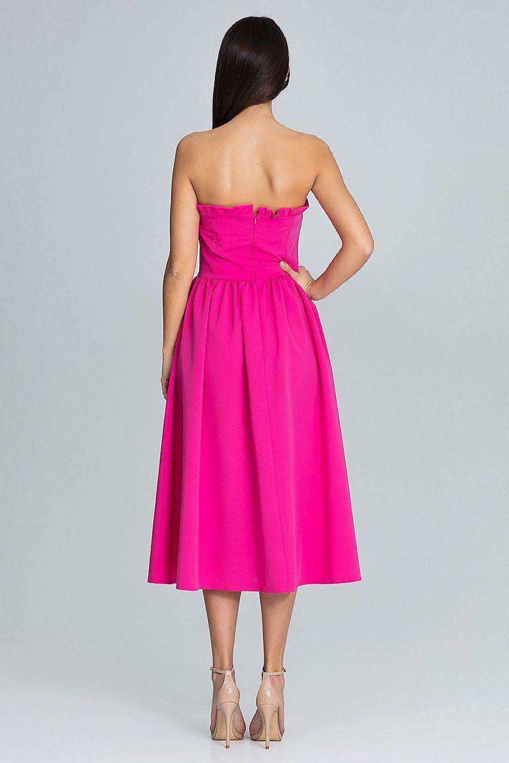 Pink strapless midi evening dress from back view with gathered waist and full skirt.